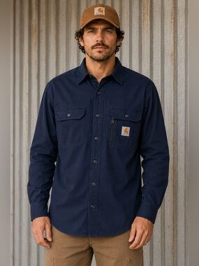 Carhartt Ripstop Long Sleeve Work Shirt Men’s Large Navy Button Front